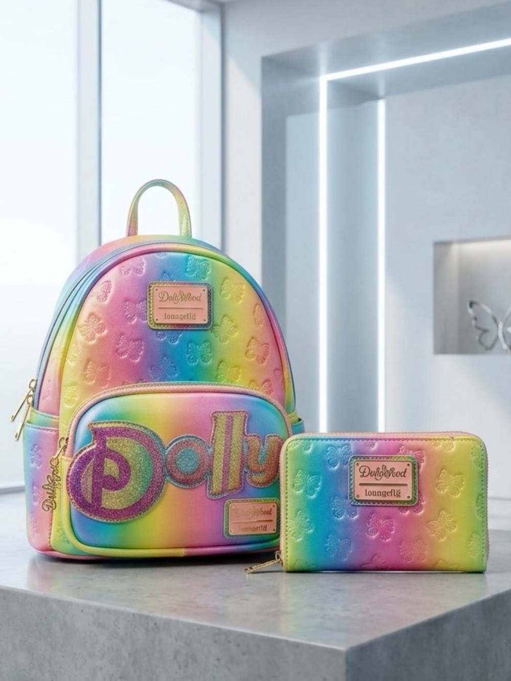 Dollywood Dolly Parton Loungefly Rainbow Butterfly Mini Backpack and Wallet Set